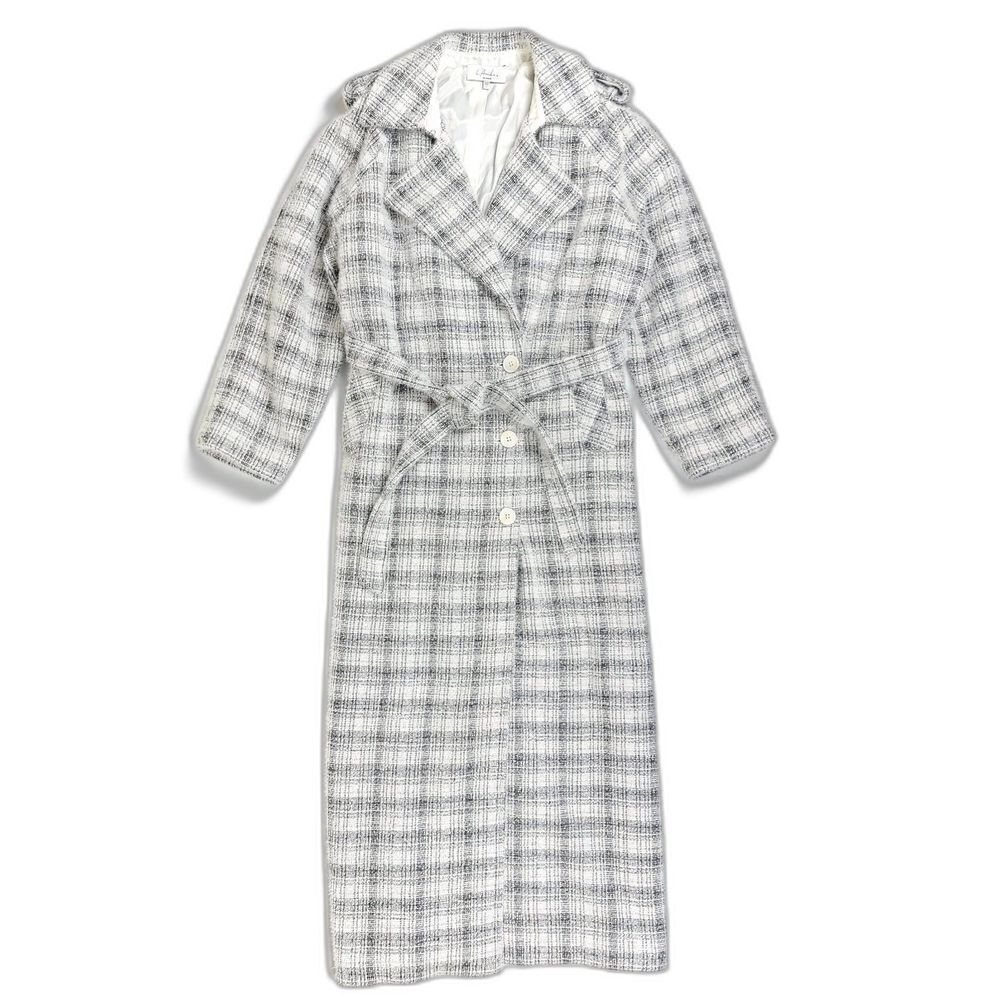 L'ACADEMIE Alaia Tweed Belted Wrap Trench Coat Gray Plaid Quiet Luxury Old Money